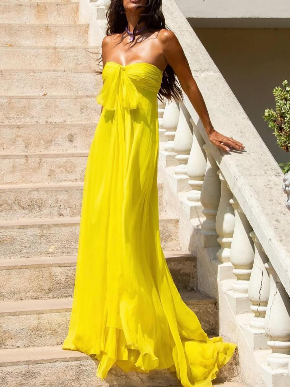 Yellow Strapless Bow Tie Maxi Dress