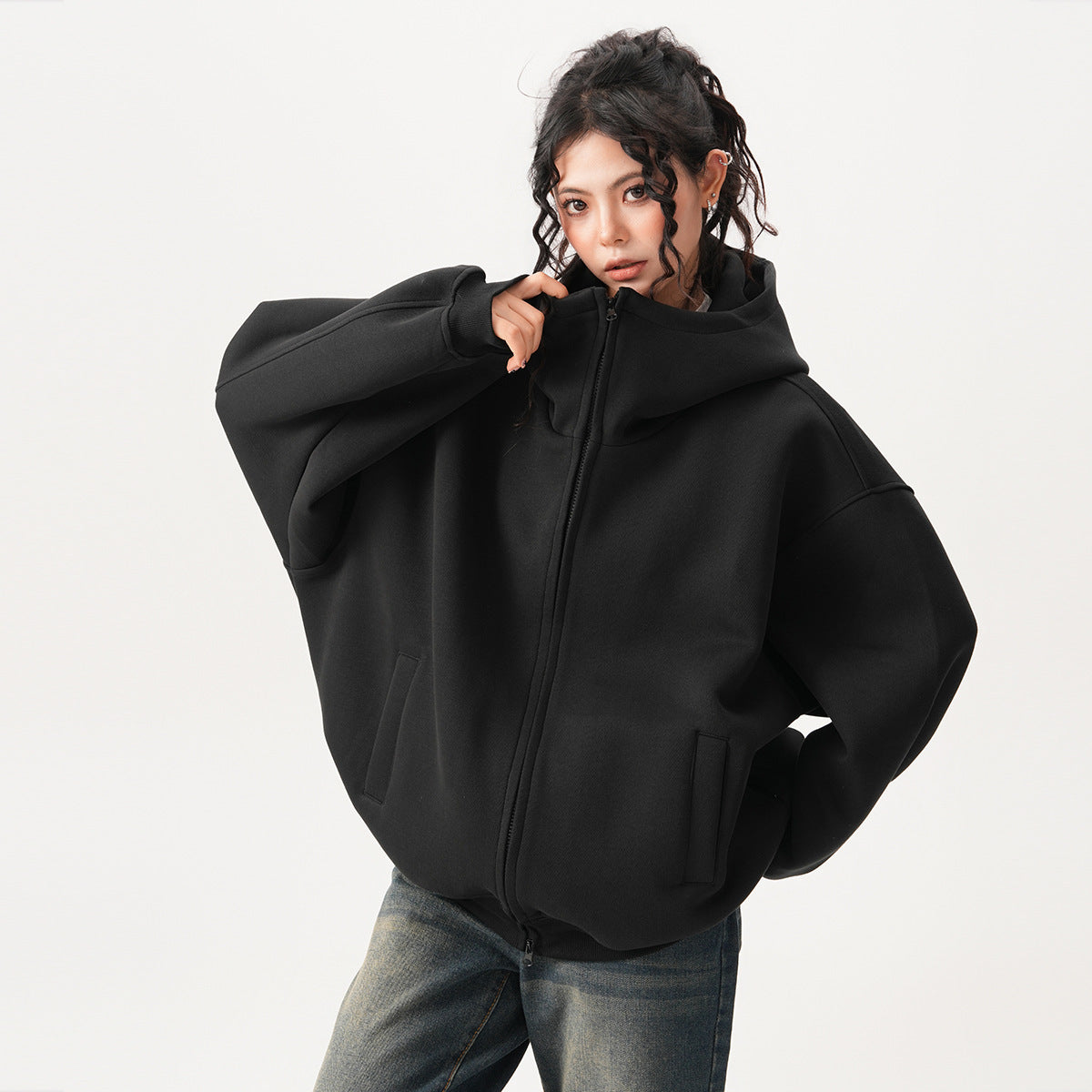 Womens Relaxed-fit American-style Hooded Cardigan With A Stand-up Collar