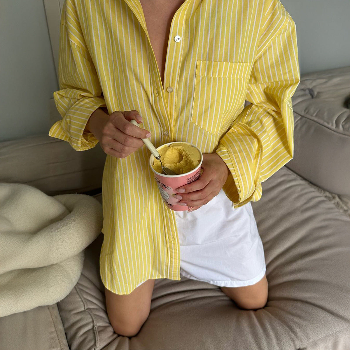 Casual Loose And Simple Style Button Cardigan Striped Contrast Color Top Shirt For Women