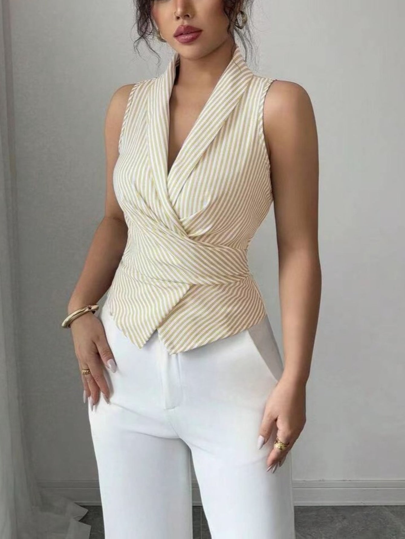 Striped Sleeveless Shirt Lace-up Waist-controlled Slimming Vest Women's Clothing