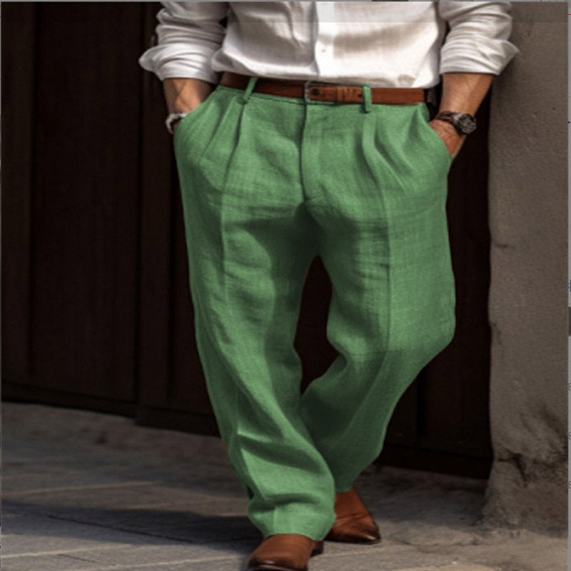 Men's Linen Trousers Double Pleated Front Pocket Straight Pure Color Comfort Breathable Casual