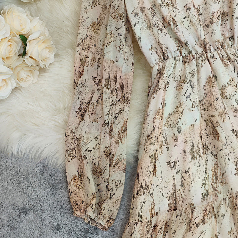 Women's Deep V-Neck Floral Print Long Sleeve Dress - Boho Elastic High Waist Dress With Asymmetrical Hem & Puff Cuffs