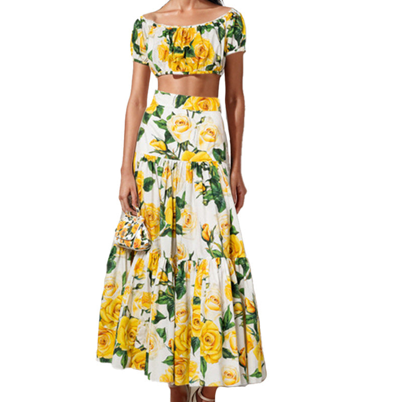 European And American Womens Elegant Sexy Printed Pleated Skirt Fashion Set