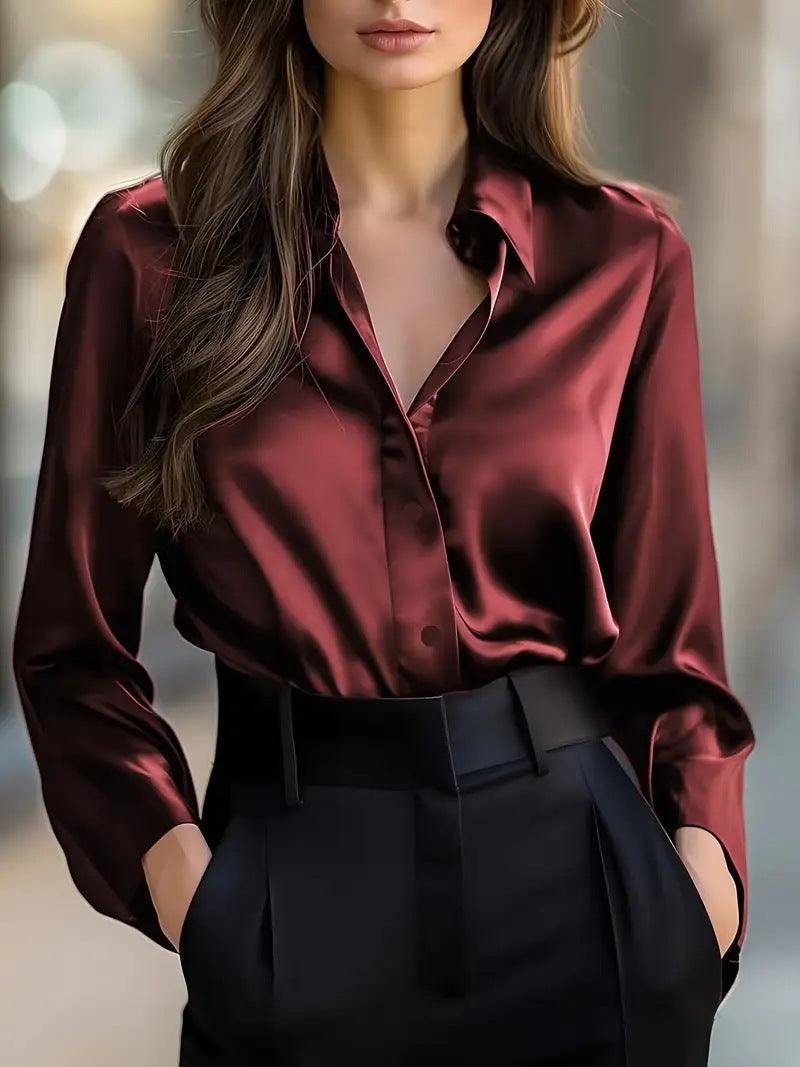 Solid Color Satin Fashion Elegant Long Sleeve Button Shirt Women's Clothing