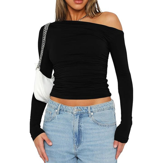 Women's Slanted Shoulder Tight Fitting Long Sleeved Shirt