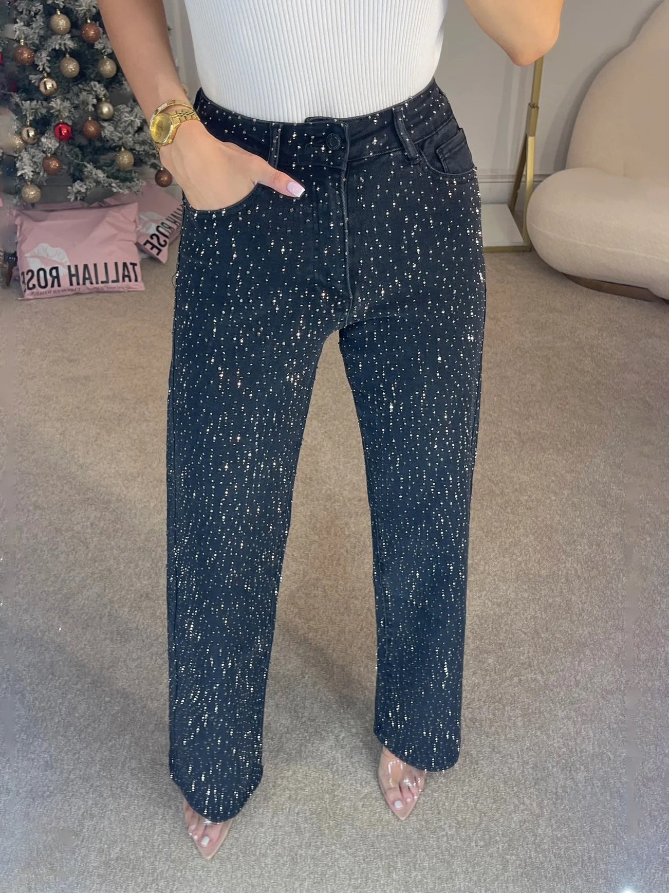 Hot Girl With High Waist Straight Leg Pants