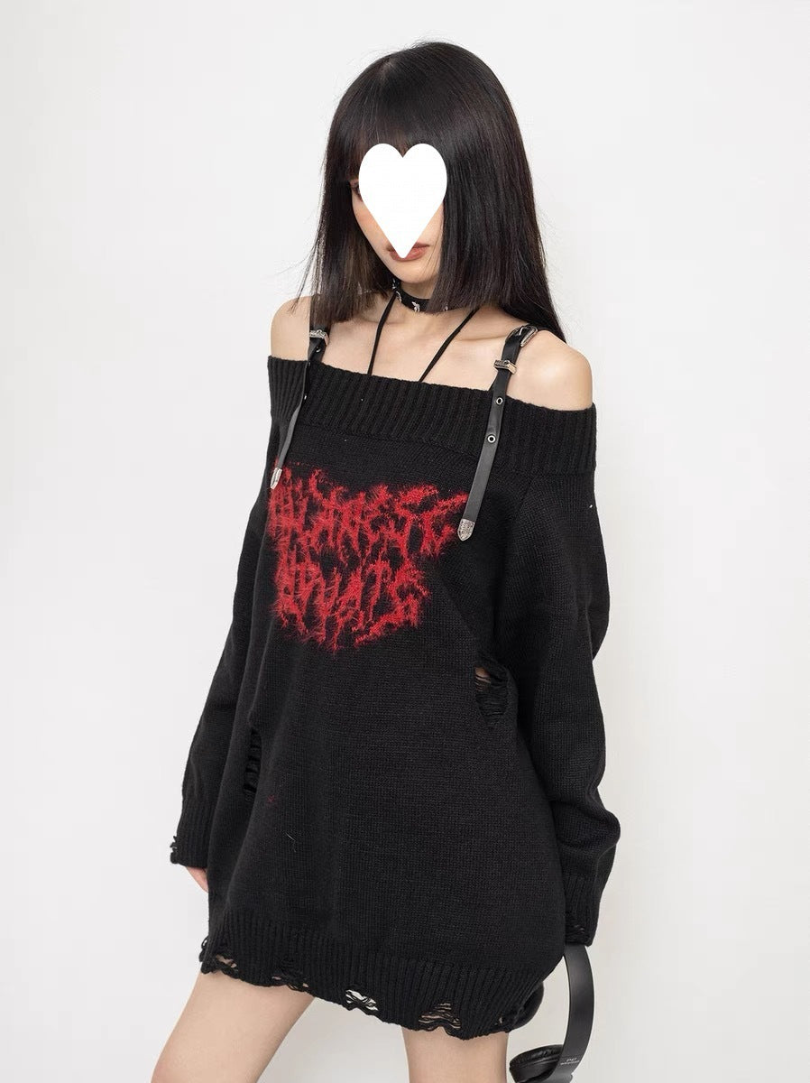Women's Water Washing Craft Ripped Off-shoulder Sweater