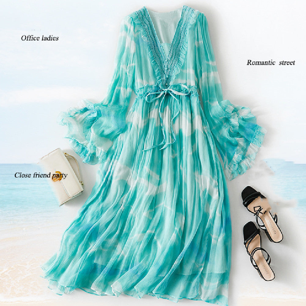 Women's Clothing Fairy Holiday V-neck Bead Luxury Mulberry Silk Long Dress