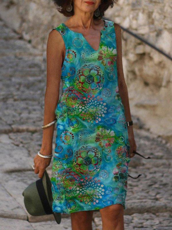 Printed V-neck Sleeveless Mid-length Dress Women