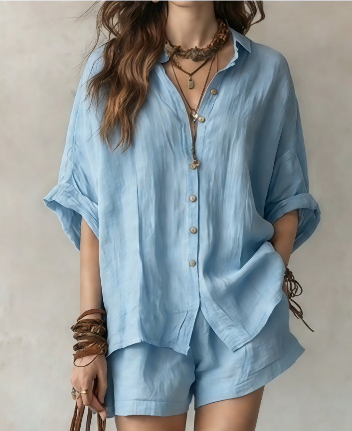Womens Casual Two-Piece Set Shirt Shorts