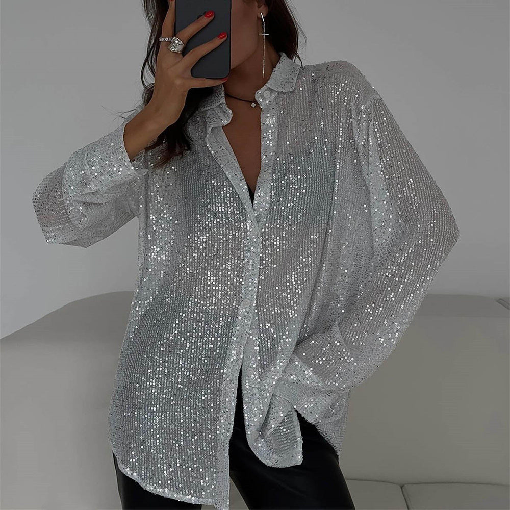 Elegant Women's Sequin Shirt - Stylish Long Sleeve Button-Up Blouse With Glitter Details, Perfect For Party & Casual To Formal Wear