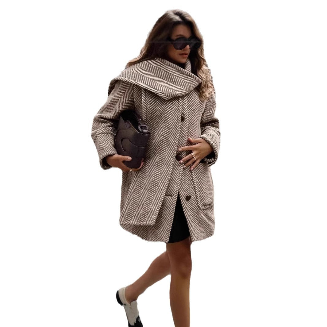 Women's Polyester Striped Woolen Trench Coat