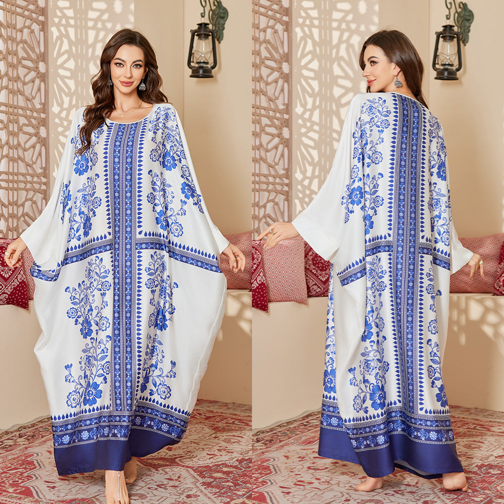 Womens Satin Chiffon SpringSummer Fashionable Printed Pullover Robe Long Nightgown