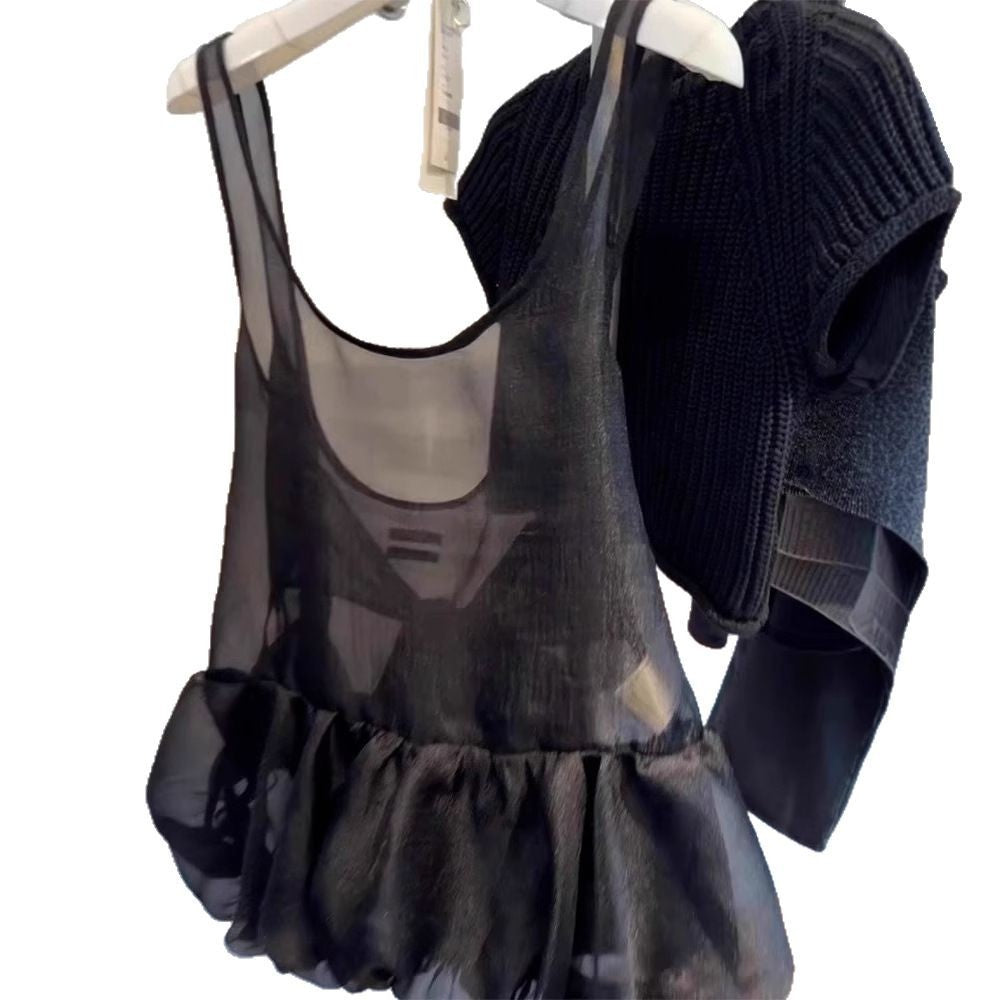 Beautiful Camisole Top Black U-collar Mesh Bud Bandage Dress Shirt Spring