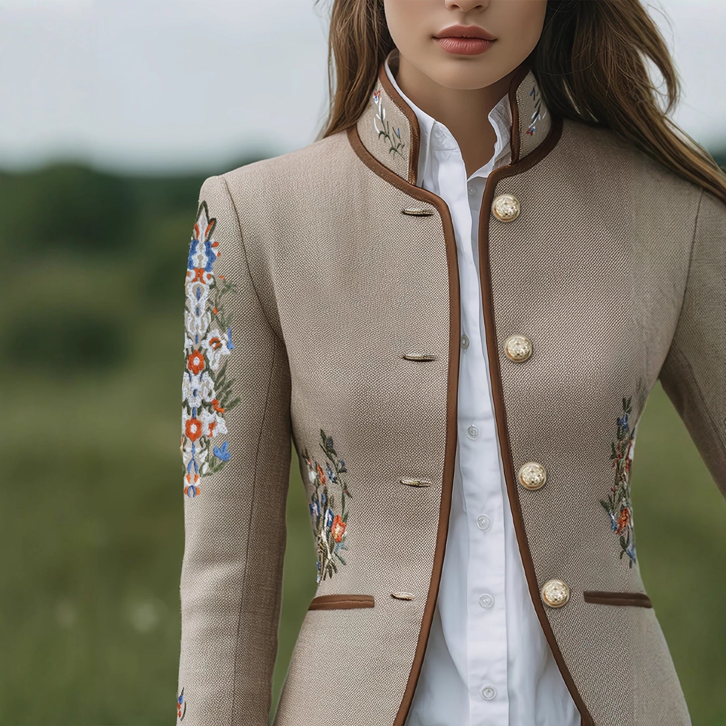 Womens Retro Floral Embroidery Stand Up Collar Jacket