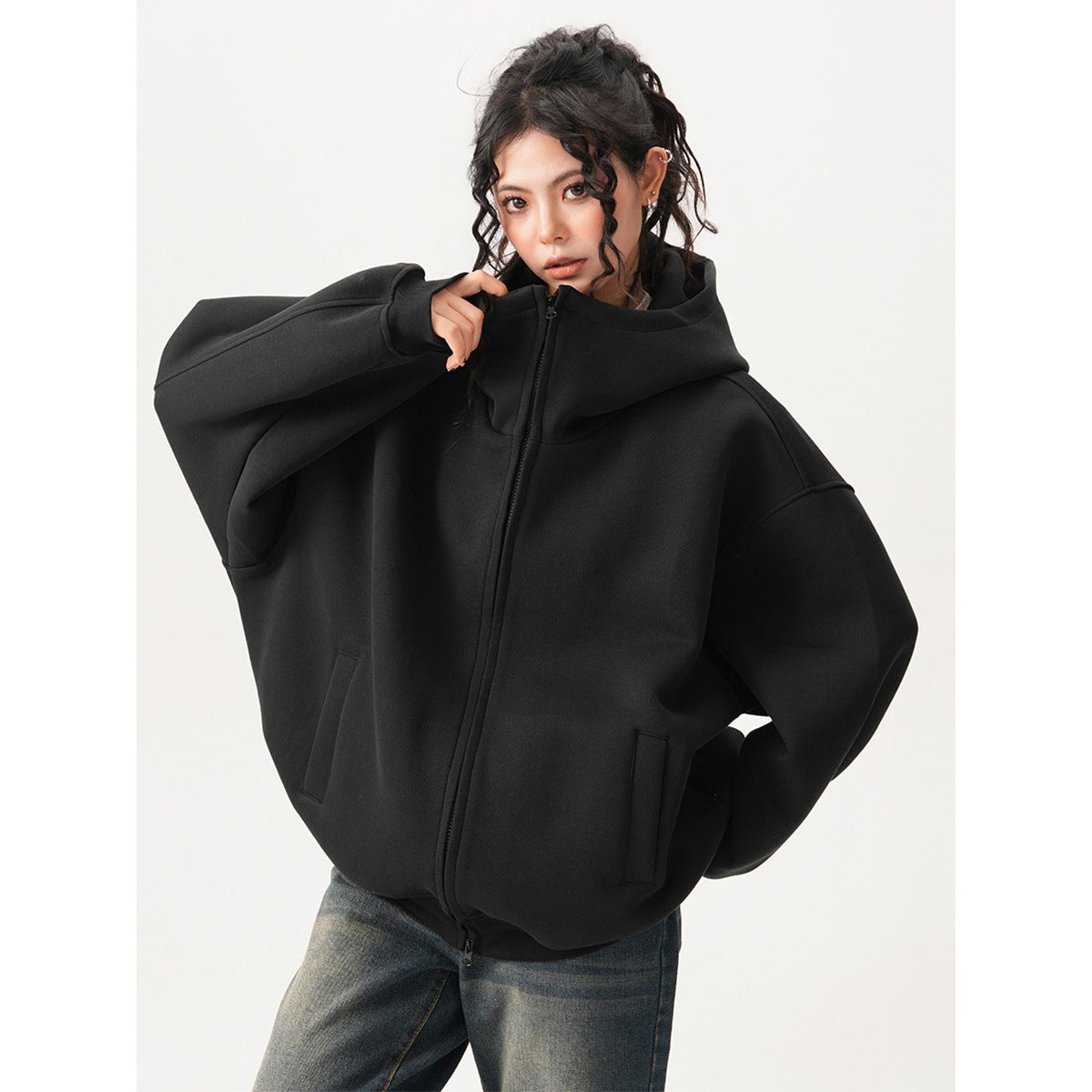 Womens Relaxed-fit American-style Hooded Cardigan With A Stand-up Collar
