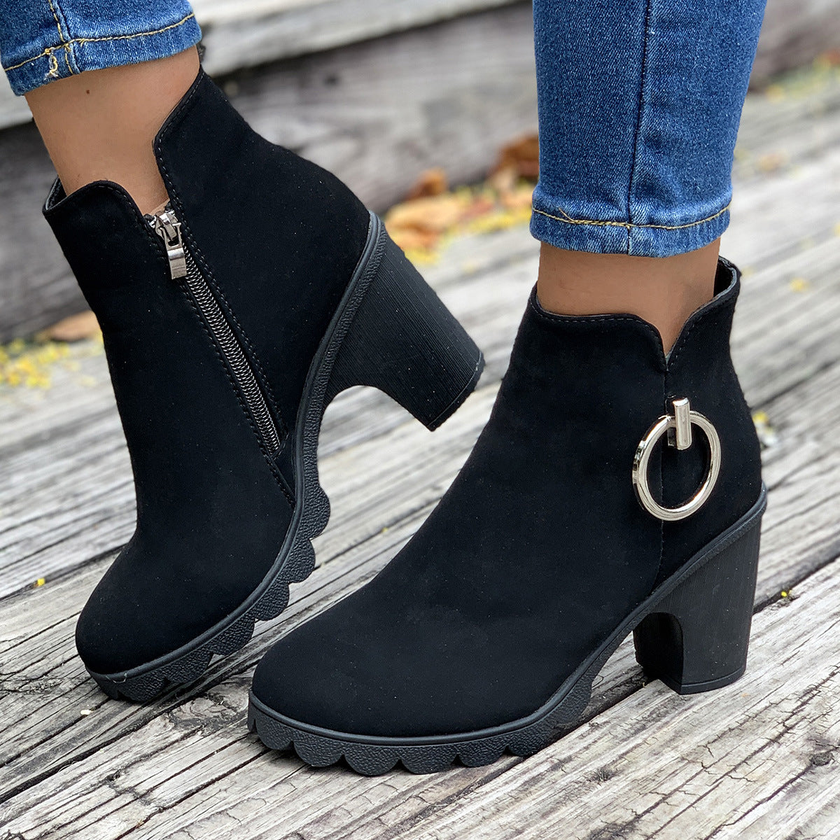 Chunky Heel Plus Size Side Zipper Round Head Ankle Boots High Heel Martin Boots