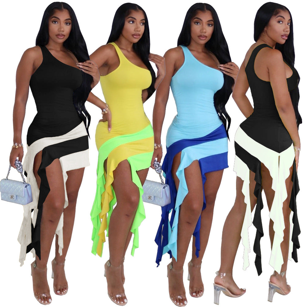 Lotus Leaf Tassel Color Matching Sexy Dress