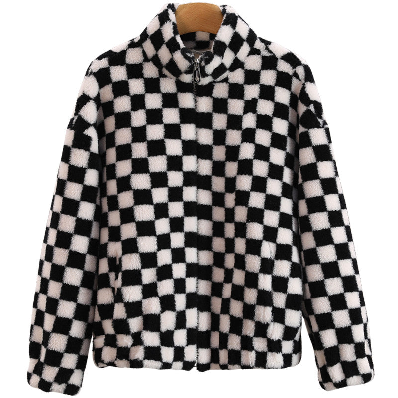 Wool Checkered Stand Collar Zip-up Fleece Short Jacket