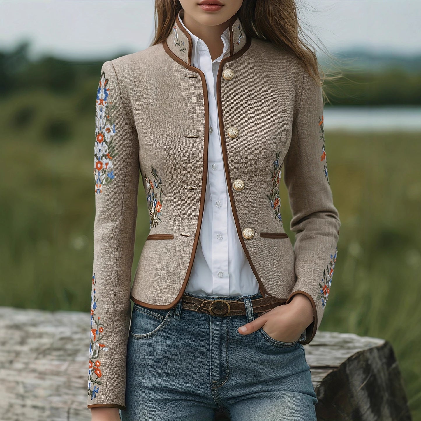 Womens Retro Floral Embroidery Stand Up Collar Jacket