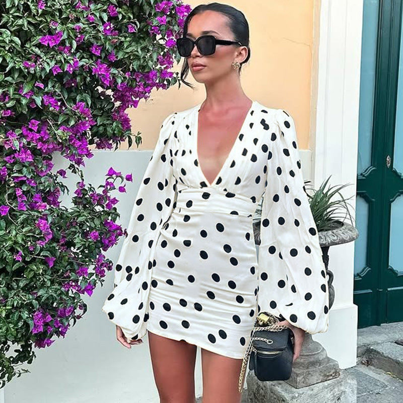 V-neck Flared-sleeve Bodycon Dress With A Polka-dot Print Specially Designed