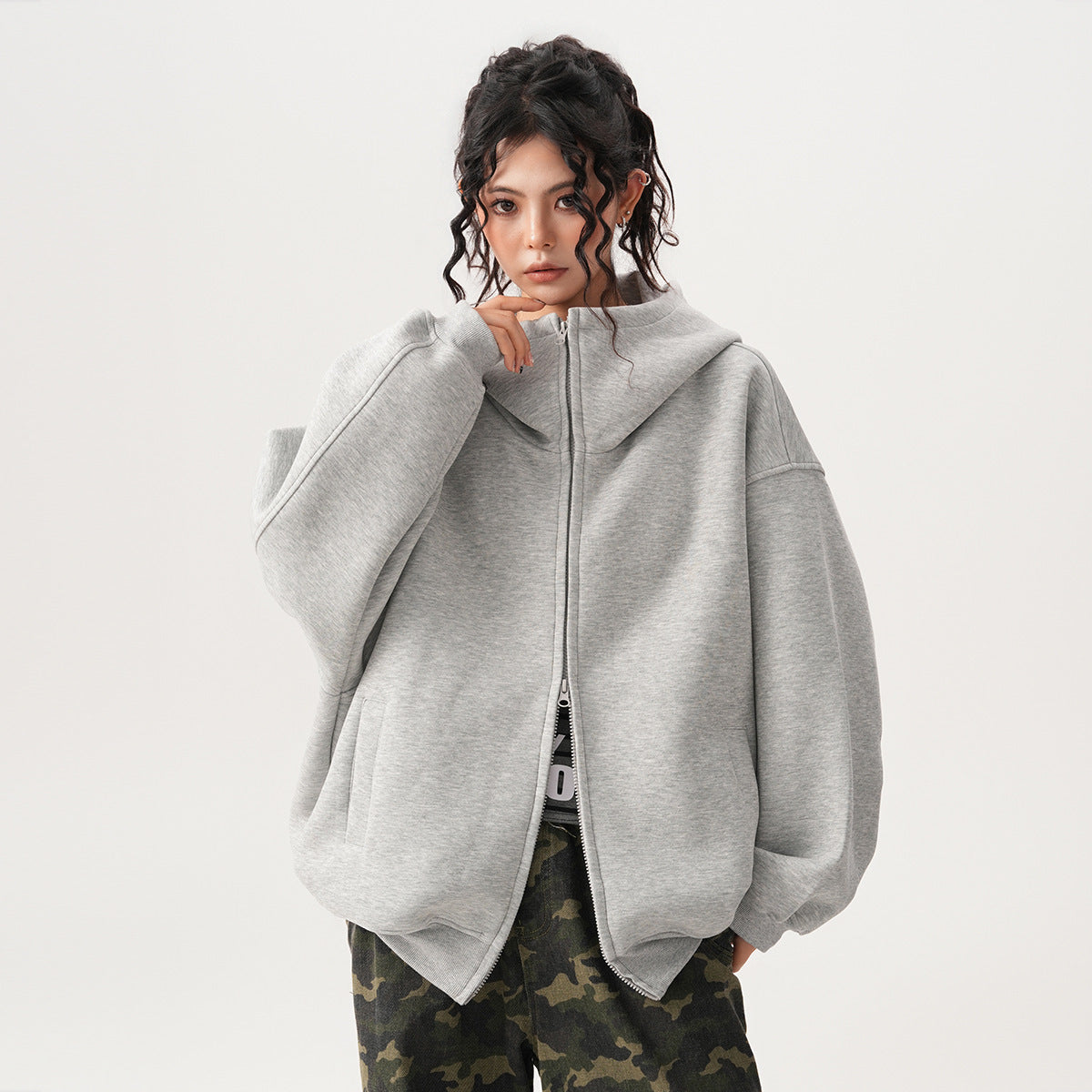 Womens Relaxed-fit American-style Hooded Cardigan With A Stand-up Collar