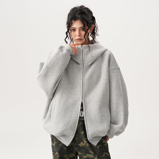 Womens Relaxed-fit American-style Hooded Cardigan With A Stand-up Collar