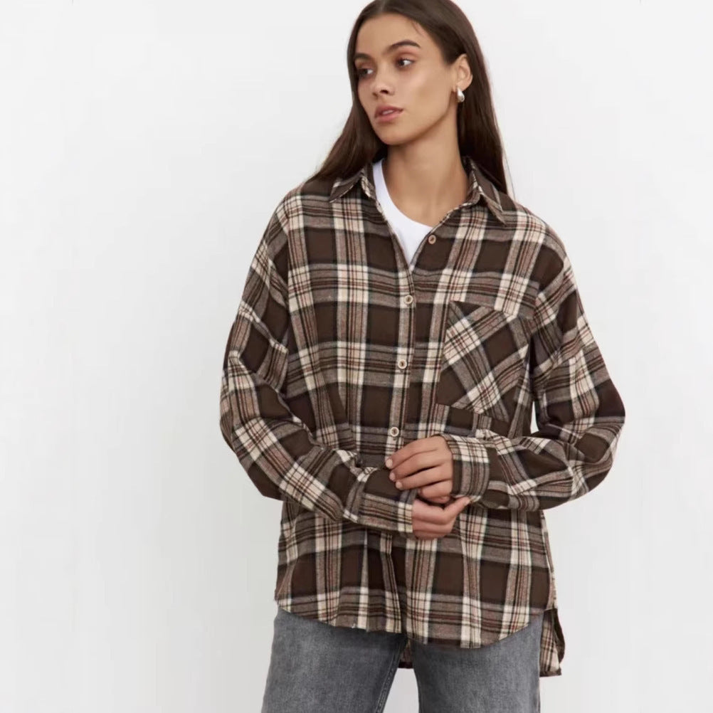 Retro Style All-match Plaid Lapel Long Sleeve Shirt