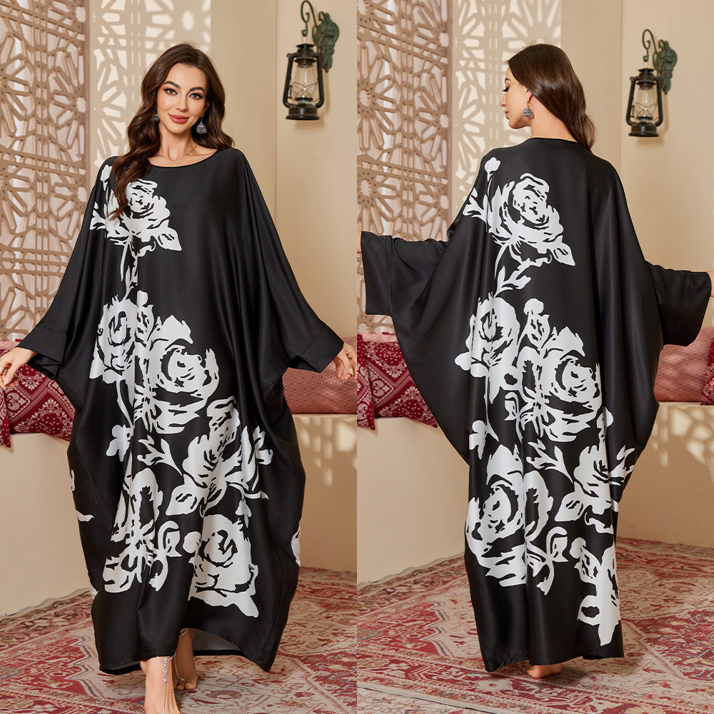 Womens Satin Chiffon SpringSummer Fashionable Printed Pullover Robe Long Nightgown