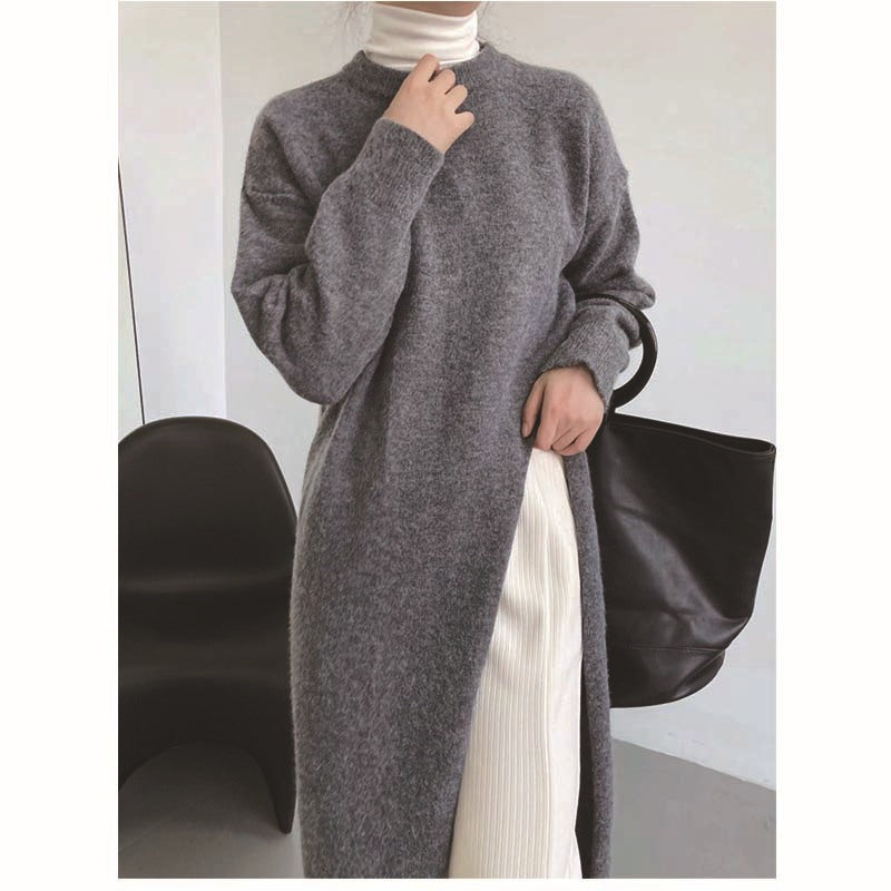 Spring, Autumn And Winter Loose Side Slit Long Knitted Sweater Dress