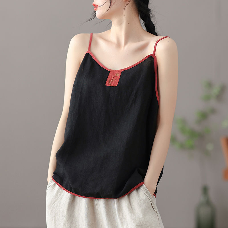 Summer Thin Cotton Linen Top Ladies Embroidered Vest