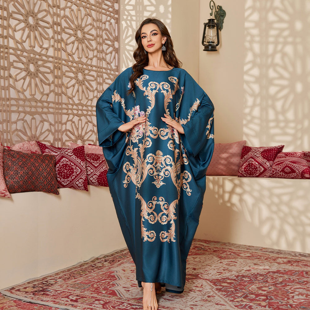 Womens Satin Chiffon SpringSummer Fashionable Printed Pullover Robe Long Nightgown