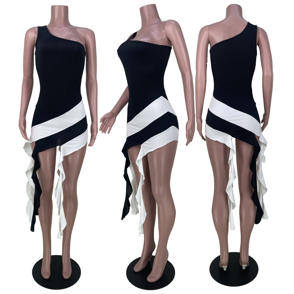Lotus Leaf Tassel Color Matching Sexy Dress