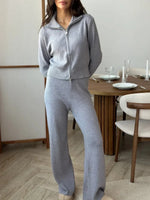 Knit Zip Cardigan Wide Leg Pants Set