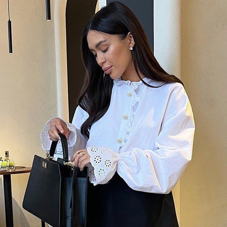 Stand Collar Diamond Lace Ruffled Shirt