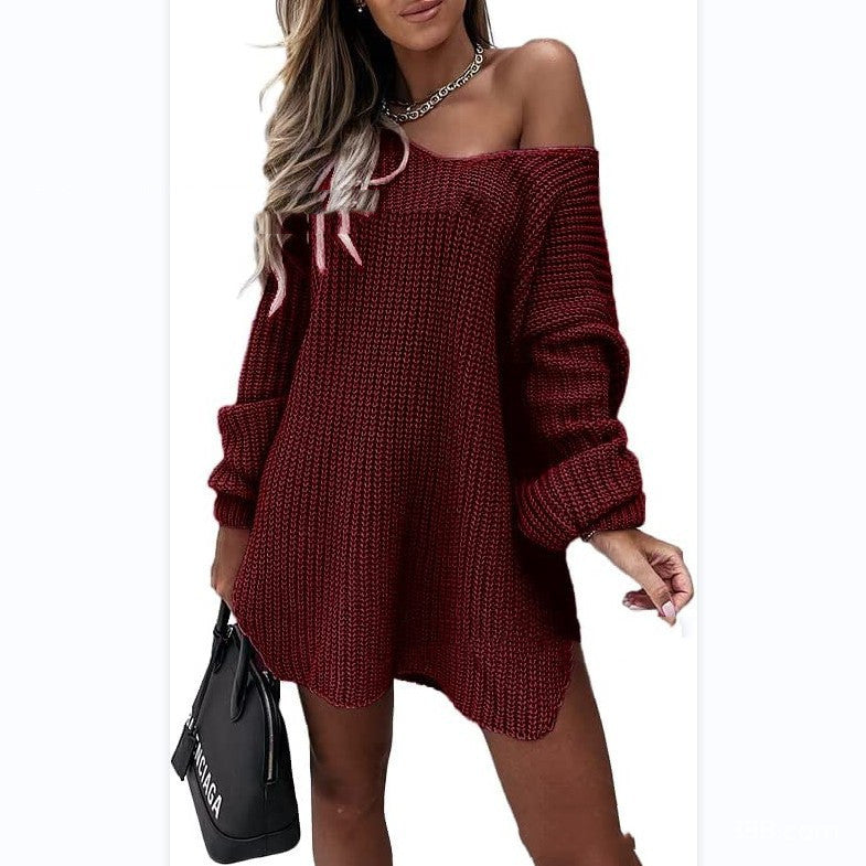 Casual Long Sleeve Loose Off Shoulder V-Neck Knit Women's Sweater