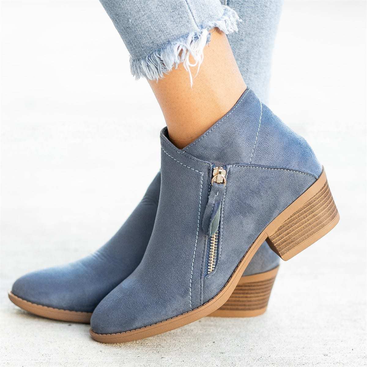 Ankle Boots For Women Low Heels Side Zipper Shoes