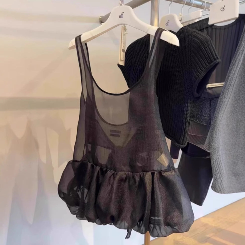 Beautiful Camisole Top Black U-collar Mesh Bud Bandage Dress Shirt Spring