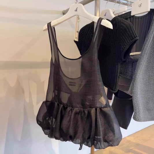 Beautiful Camisole Top Black U-collar Mesh Bud Bandage Dress Shirt Spring