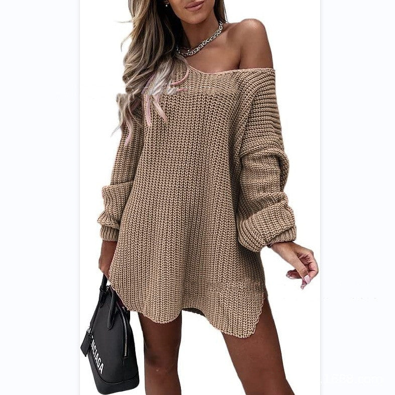 Casual Long Sleeve Loose Off Shoulder V-Neck Knit Women's Sweater