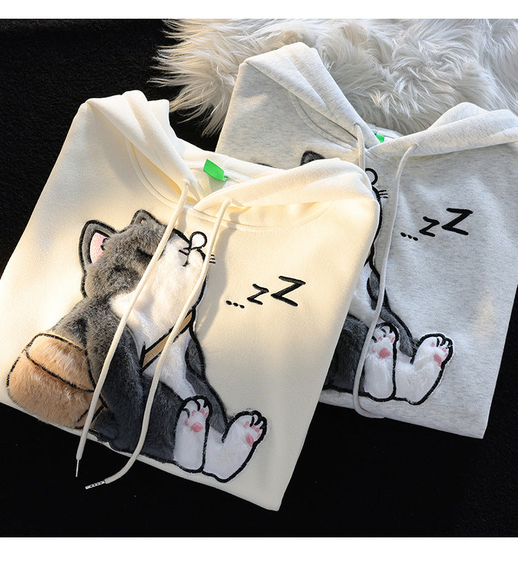 Cat-Lovers Flocking Hooded Sweater Couple Jacket