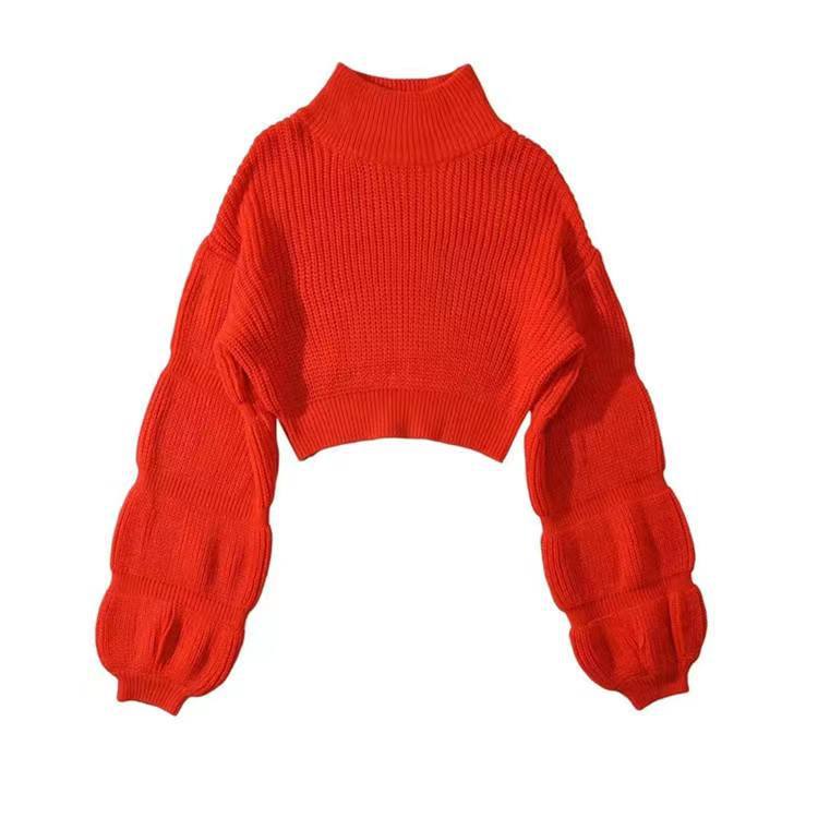 Women's Fashion Loose High Collar Puff Sleeve Knitted Sweater