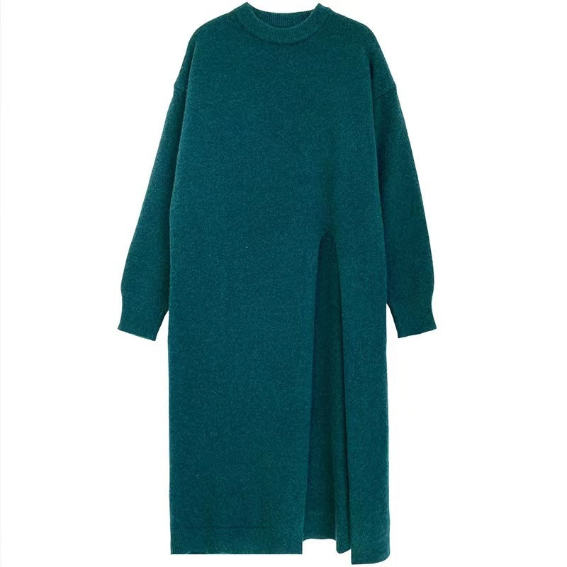 Spring, Autumn And Winter Loose Side Slit Long Knitted Sweater Dress