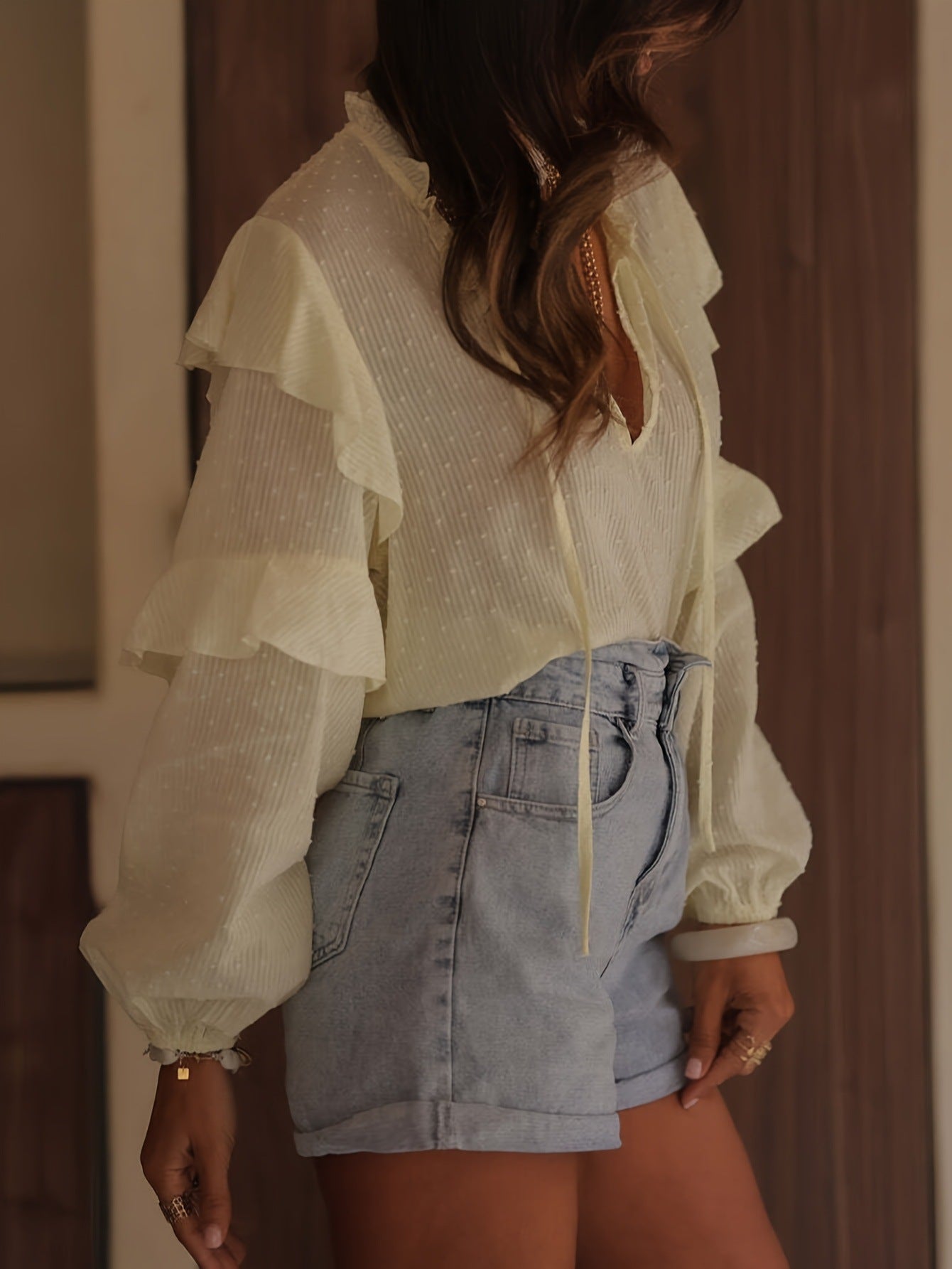 Spring New Arrival Loose-Fit Lace-Up Collar Commuter Shirt Versatile And Chic Pullover Top