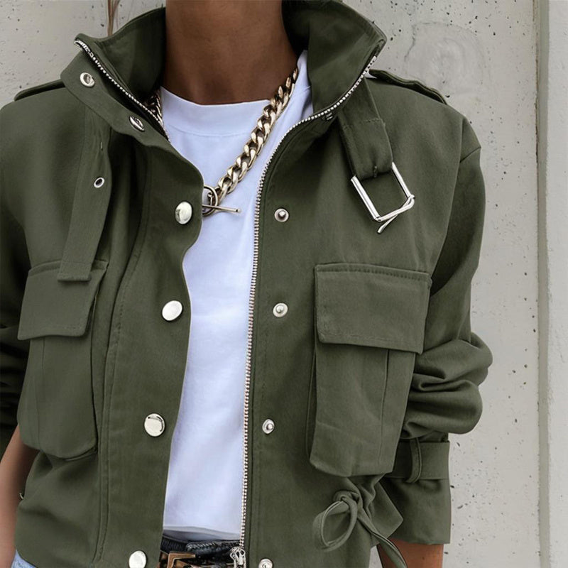 Women's Stand Collar Long Sleeve Jacket With Button & Zipper Closure - Two Large Pockets & Drawstring Hem Casual Short Jacket For Spring&Fall