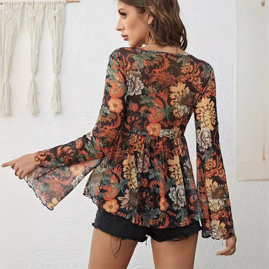 New Mesh Printed Front Knotted Flare Sleeve T-shirt Long-sleeved Top For Women