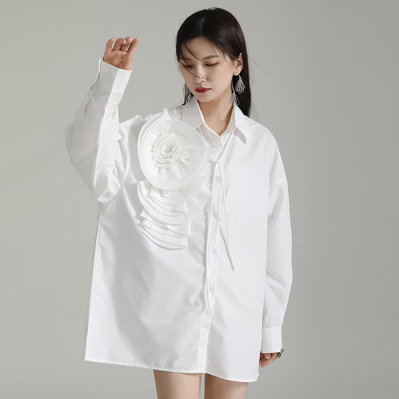 Design Sense Niche Pleated Three-dimensional Flower Long Sleeve Shirt Skirt