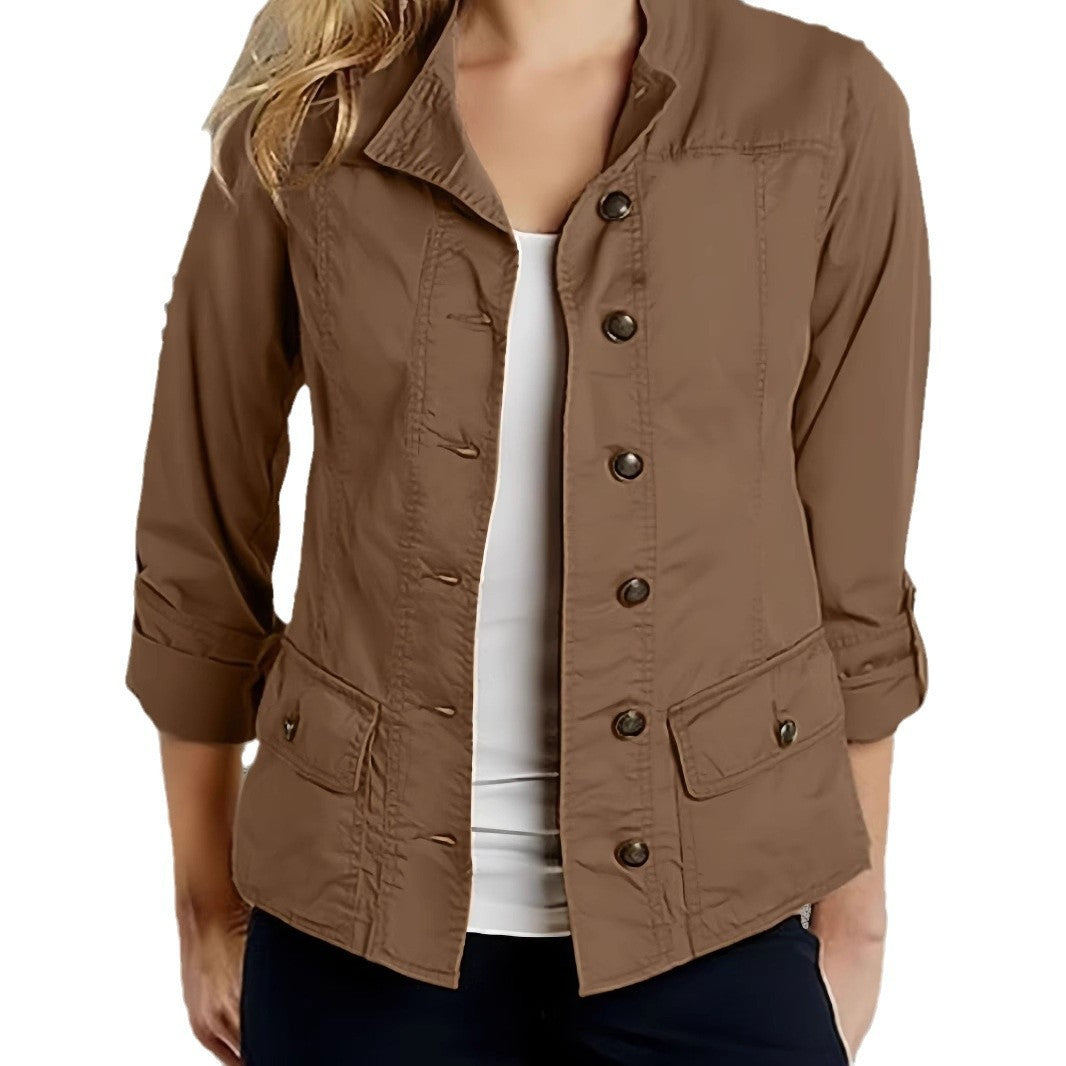Fashion Solid Color Roll-up Sleeve Single-breasted Casual Jacket