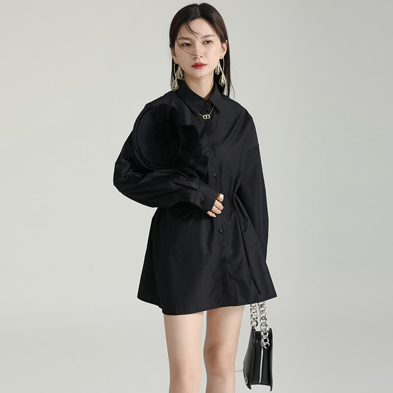 Design Sense Niche Pleated Three-dimensional Flower Long Sleeve Shirt Skirt