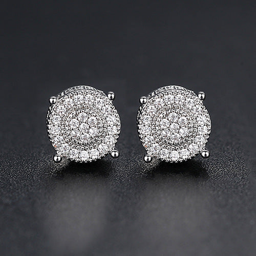 JINSE 10mm Round Geometric CZ Stud Earrings For Men Women Full Paved Cubic Zircon Black Clear Ear Earrings Rock Hip Hop Jewelry